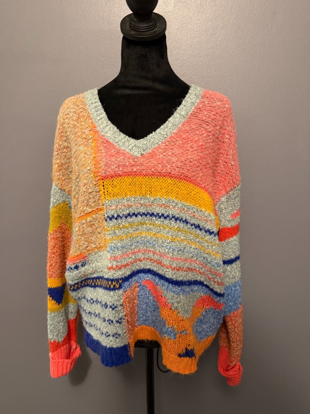 Colorblock V-Neck Women's Sweater in Coral, Yellow & Blue